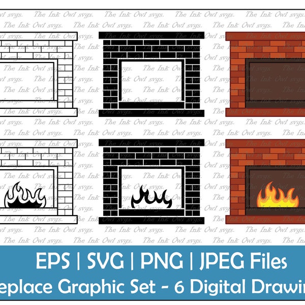 Fireplace with Lit Fire Vector Clipart Set / Outline & Stamp Drawing Graphic / Interior / PNG, JPG, SVG, Eps