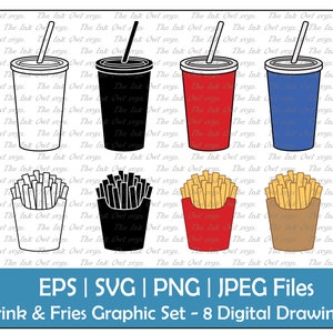 Puede incluir: Un conjunto de ocho dibujos digitales de una bebida y patatas fritas. Los dibujos son en blanco y negro, rojo, azul y marrón. La bebida es una taza con una pajita. Las patatas fritas están en una caja. El texto "EPS | SVG | PNG | JPEG Files" y "Drink & Fries Graphic Set - 8 Digital Drawings" está en la parte inferior de la imagen.