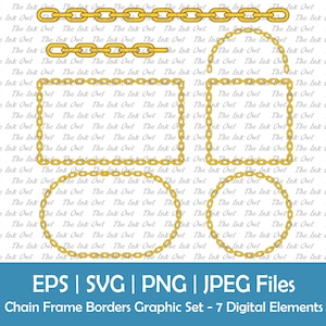 May include: A set of seven digital chain frame borders. The borders are in a gold color and include a circle, a square, and a rectangle. The borders are perfect for adding a touch of elegance to your designs.