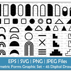 Geometric Shapes and Forms Vector Clipart Set / Outline & Stamp Graphic / Boho Abstract Elements / PNG, JPG, SVG, Eps
