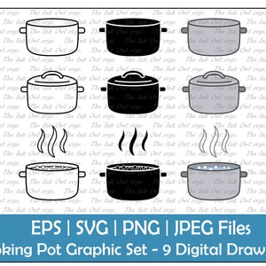 Cooking Pot with Lid Vector Clipart / Outline & Stamp Graphic/ Boiling / PNG, JPG, SVG, Eps