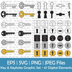 Schlüssel & Schlüsselloch Clipart Set / Umriss, Silhouette Stempel, farbige grafische Illustrationen / Schlüssellöcher / Png, SVG, Jpg, Eps