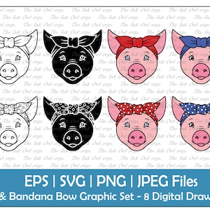 Cerdo con Bandana Bow Head Wrap Vector Clipart Set / Esquema, Sello y Color Gráfico / Lindo Animal de Granja / Lunares / PNG, JPG, SVG, Eps