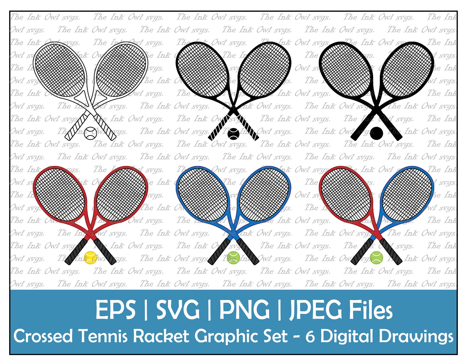 Crossed Tennis Racket and Ball Vector Clipart Set / Outline, Stamp and ...