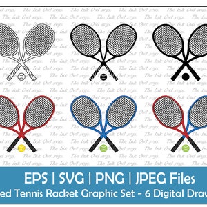 Conjunto de clipart vetorial de raquete e bola de tênis cruzada / contorno, carimbo e gráficos coloridos / Equipamentos esportivos / PNG, JPG, SVG, Eps