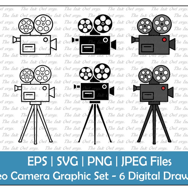 Video or Film Camera Vector Clipart Set / Outline & Stamp Drawing Illustrations / Vintage Movie / PNG, JPG, SVG, Eps