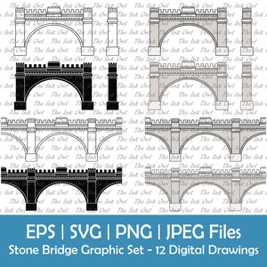 Stone Bridge Vector Clipart Set / Outline, Silhouette Stamp & Color Graphic Illustration / Svg, Png, Eps, Jpg / Castle Bridge