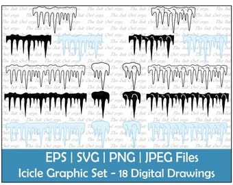 Icicle Graphic Set Vector Clipart / Drawing Outline and Stamp Illustrations / Decorative Element / PNG, JPG, SVG, Eps