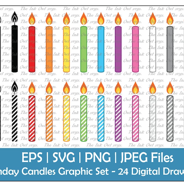 Birthday Candles Clipart Set / Outline, Stamp and Color Graphic / Striped and Solid with Flames Lit / Sublimation PNG, JPG, SVG, Eps