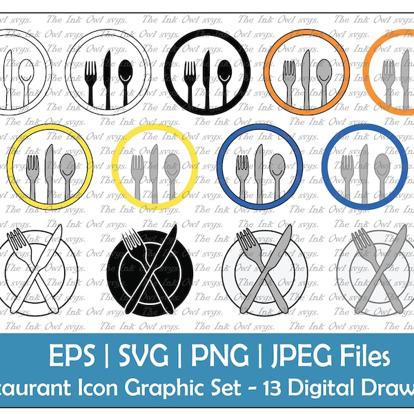 Dining Restaurant Logo Vector Clipart / Outline, Silhouette Stamp & Color Drawing Illustrations / Icon / PNG, JPG, SVG, Eps