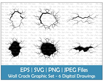May include: A set of six digital drawings of black wall cracks on a white background. The cracks are in various shapes and sizes, and some have a jagged edge. The text "EPS | SVG | PNG | JPEG Files" and "Wall Crack Graphic Set - 6 Digital Drawings" is at the bottom of the image.