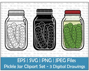 Pickle Jar Vector Clipart / Outline & Stamp Drawing Illustrations / Food / PNG, JPG, SVG, Eps