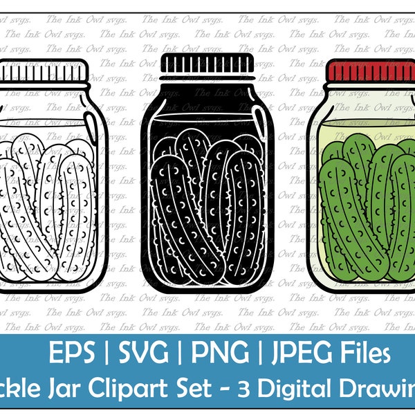 Pickle Jar Vector Clipart / Outline & Stamp Drawing Illustrations / Food / PNG, JPG, SVG, Eps