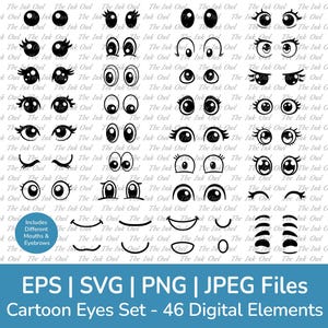 Cartoon Eyes Vector Clipart Set / Emotions / Kawaii Comic Face Graphics with Mouth, Eyebrows and Eyelashes / Svg, Png, Eps, Jpg