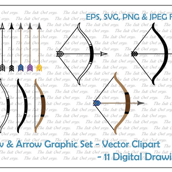 Bow and Arrow Vector Clipart Set / Outline & Stamp Drawing Illustrations / Hunting / PNG, JPG, SVG, Eps