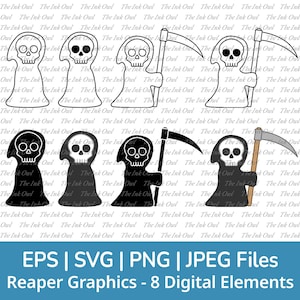 Cute Cartoon Grim Reaper Svg Clipart / Outline, Stamp Silhouette & Color Drawing Graphic / Halloween and Death / Gothic / Png, Svg, Jpg, Eps