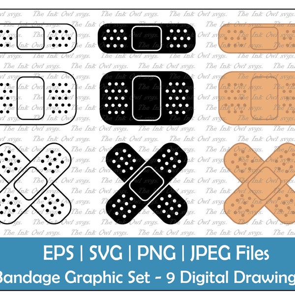 Klebeband Vektor Clipart Set / Umriss & Stempel Zeichnung Grafik / Erste Hilfe / PNG, JPG, SVG, Eps