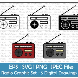 Vintage Radio Vector Clipart Set / Outline, Stamp & Color Graphics / Electronic / PNG, JPG, SVG, Eps