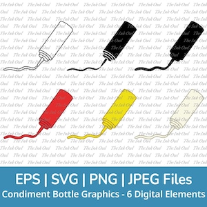 Condiment Bottle Squeeze Svg Vector Clipart / Outline, Stamp Silhouette & Color Graphics / Ketchup, Mustard, Mayonnaise / Png, Jpg, Svg, Eps