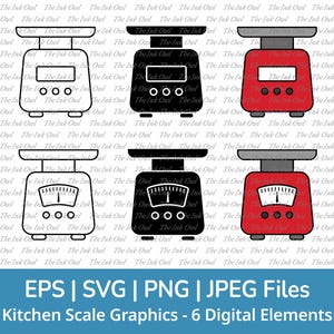 Conjunto de clipart vetorial Svg de escala de medição / contorno, silhueta de carimbo e ilustração gráfica colorida / balança de cozinha / PNG, JPG, SVG, EPS