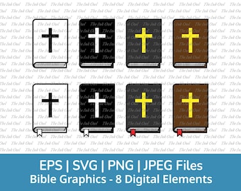 Bible Vector Clipart Set / Outline, Silhouette & Color Drawing Graphic / Christian Religion Book with Cross / Png, Svg, Jpg, Eps