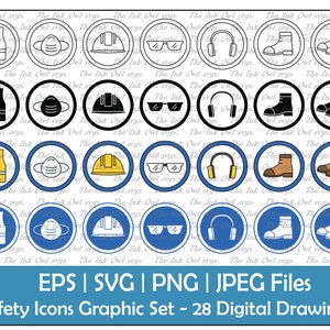 Arbeitssicherheitsausrüstung Icon Vektor Clipart / Umriss, Silhouette & Farbzeichnungen in Kreisen / Konstruktionsschutz / PNG, JPG, SVG, Eps