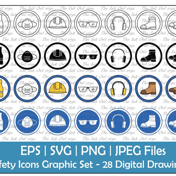 Work Safety Equipment Icon Vector Clipart / Outline, Silhouette & Color Drawings in Circles / Construction Protection / PNG, JPG, SVG, Eps