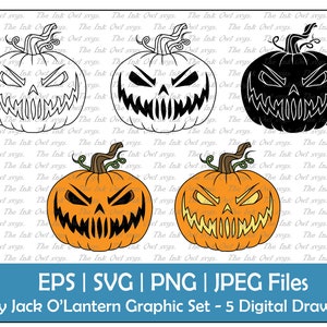 Scary Jack O' Lantern Pumpkin Clipart Set / Outline, Stamp Silhouette & Color Graphics / Halloween Fall / Sublimation / PNG, JPG, SVG, Eps