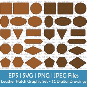 Könnte beinhalten: Ein Set mit 32 digitalen Zeichnungen von Lederpatches in verschiedenen Formen, darunter Kreise, Quadrate, Ovale, Dreiecke und mehr. Die Patches sind braun mit einem genähten Rand und eignen sich perfekt, um Ihren Designs einen rustikalen Touch zu verleihen.