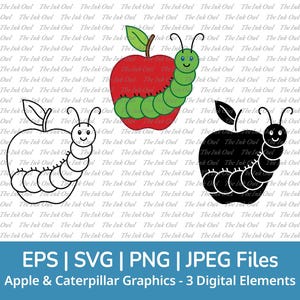 May include: Digital graphics showing three apple and caterpillar designs. One is a red apple with a green caterpillar, another is a black and white outline, and the third is a black silhouette. The text at the bottom reads "Apple & Caterpillar Graphics - 3 Digital Elements."