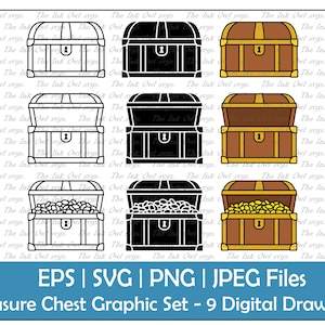 Schatztruhe Vektor Clipart Set / Umriss & Stempel Zeichnung Grafik / verschlossen, geschlossen und leer / PNG, JPG, SVG, Eps