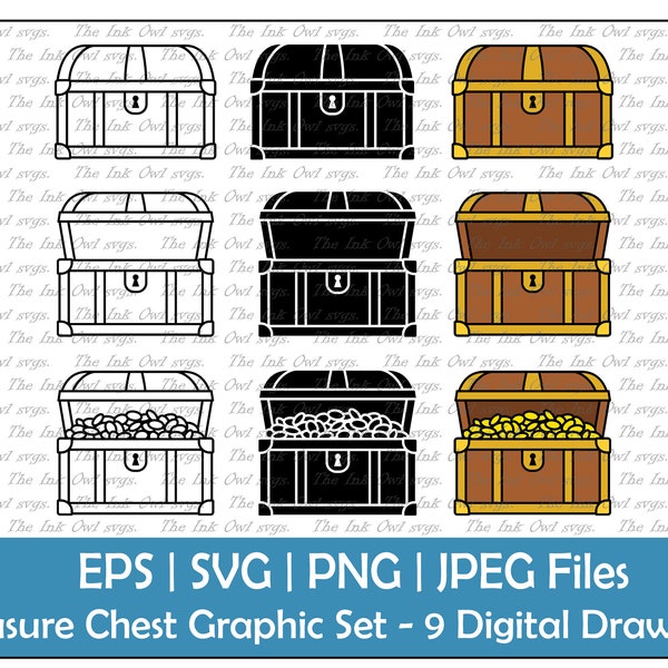 Treasure Chest Vector Clipart Set / Outline & Stamp Drawing Graphic / Locked, Closed and Empty / PNG, JPG, SVG, Eps