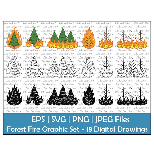 Forest Fire Vector Clipart Set / Outline, Stamp & Color Digital Graphic / Tree on Fire / Natural Environmental Disaster / Png, Svg, Eps, Jpg