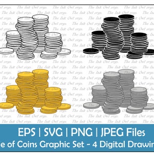 Pile of Coins Vector Clipart Set / Outline, Stamp Silhouette & Color Graphics / Gold and Silver Money / Sublimation / PNG, jpg, SVG, Eps