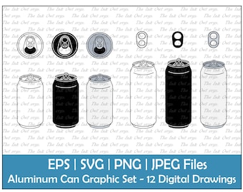 Aluminum Pop or Soda Can Blank Template Clipart Set / Outline & Stamp Drawing Graphic / Beer Drink / PNG, JPG, SVG, Eps