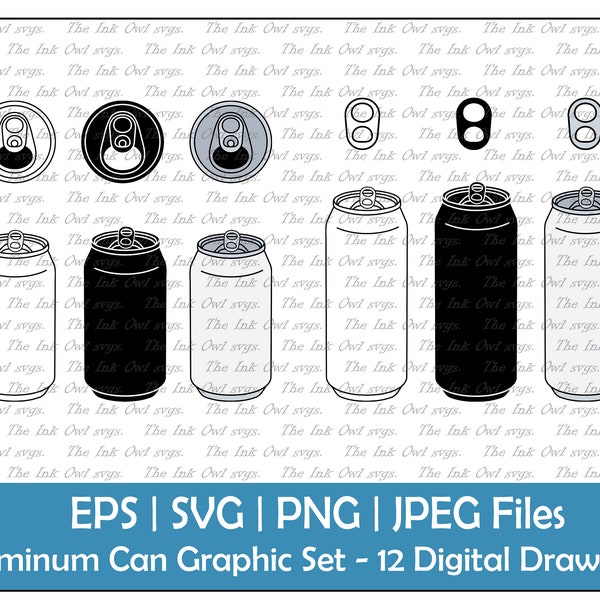 Aluminum Pop or Soda Can Blank Template Clipart Set / Outline & Stamp Drawing Graphic / Beer Drink / PNG, JPG, SVG, Eps