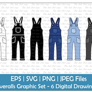 May include: A set of six digital drawings of overalls in various colors, including black, white, blue, and light blue. The overalls are drawn in a simple, cartoon style.