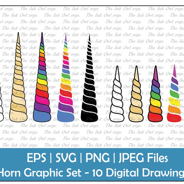 Unicorn Horn Vector Clipart Set / Outline, Stamp and Rainbow Drawing Graphic / Fantasy / PNG, JPG, SVG, Eps