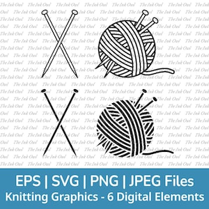 Knitting Needles and Yarn Svg Vector Clipart Set / Outline & Silhouette Stamp Graphic / Logo / Png, Jpg, Svg, Eps