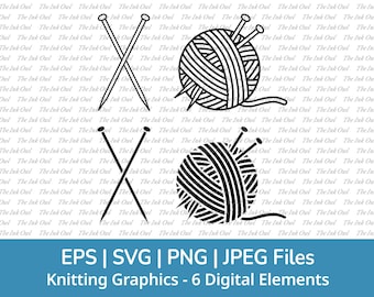 Conjunto de imágenes prediseñadas vectoriales en formato Svg de agujas de tejer e hilo / Sello gráfico de contorno y silueta / Logotipo / Png, Jpg, Svg, Eps