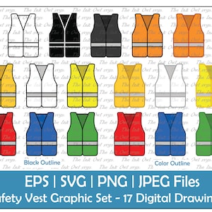 Gilet de sécurité Vector Clipart Set / Outline, Silhouette & Color Drawing / Construction Safety Equipment / Yellow, Orange / PNG, JPG, SVG, Eps