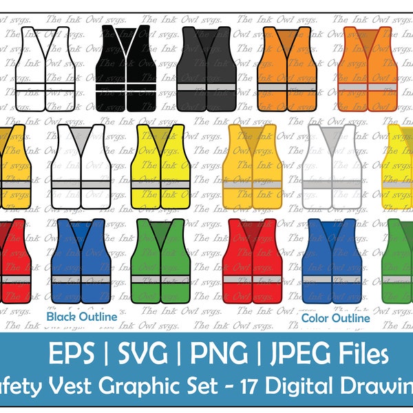 Gilet de sécurité Vector Clipart Set / Outline, Silhouette & Color Drawing / Construction Safety Equipment / Yellow, Orange / PNG, JPG, SVG, Eps