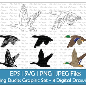 Flying Ducks Vector Clipart Set / Contour & Timbre Graphique / Chasse / PNG, JPG, SVG, EPS
