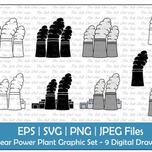 Kerncentrale Factory Vector Clipart Set / Outline, Stamp & Color Graphics / Vervuiling / Stacks and Smoke / PNG, JPG, SVG, Eps