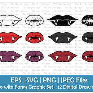 Vampire Lips with Fangs Vector Clipart Set / Kiss / Outline, Stamp & Color Graphics / Horror, Monster and Halloween / PNG, jpg, SVG, Eps