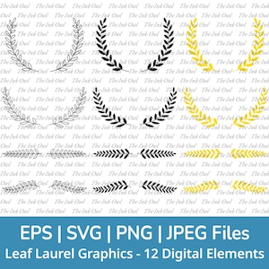 Corona de hojas de laurel decorativa (SVG) Vector Clipart / Contorno, silueta de sello y gráficos en color dorado / Bordes y cresta / Png, Jpg, Svg, Eps