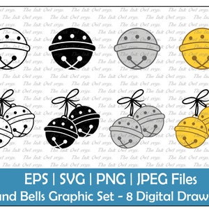 Runde Schlitten Glocke Vektor Clipart Set / Umriss & Stempel Grafik / Single and Double / Silber und Gold / PNG, JPG, SVG, Eps