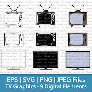 Television Monitor Svg Clipart Set / Outline, Stamp Silhouette & Color Drawing Illustrations / Modern Retro Tube TV / Png, Jpg, Svg, Eps