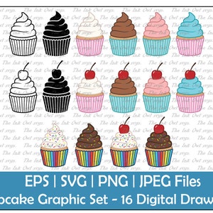 Cupcake with Cherry Clipart Combo Set / Outline, Stamp and Color Graphics / Vanilla, Chocolate, Sprinkles, Strawberry / PNG, JPG, SVG, Eps