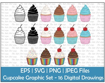 Conjunto combinado de clipart de cupcake com cereja / contorno, carimbo e gráficos coloridos / baunilha, chocolate, granulado, morango / PNG, JPG, SVG, Eps